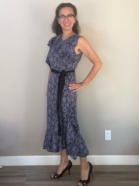 Erdem Kaylee Sleeveless Floral Ruffled Midi Dress with Black Waist Tie US 8